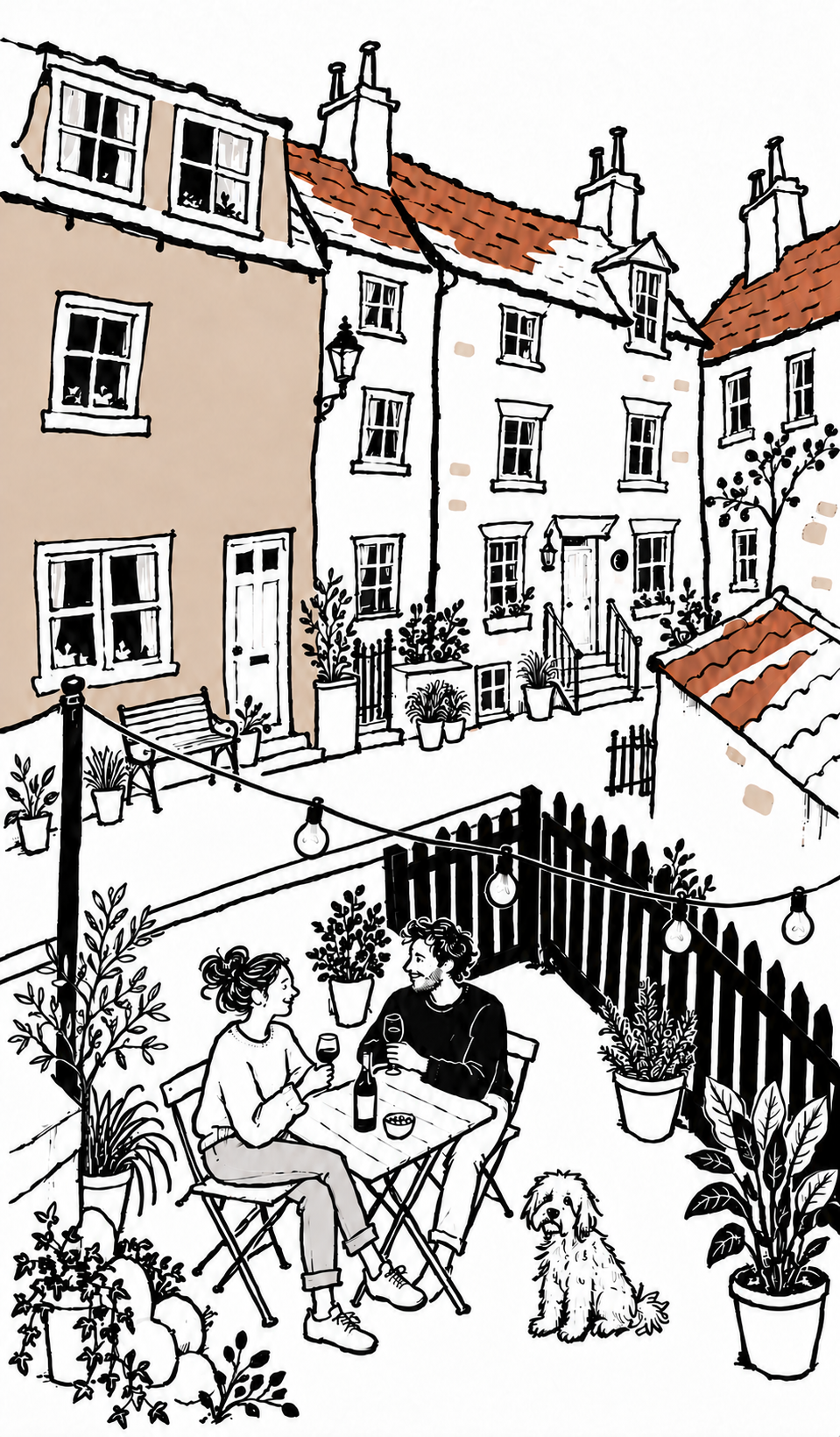 Hand-drawn courtyard scene with beige and terracotta accents, two guests enjoying wine and a dog beside them