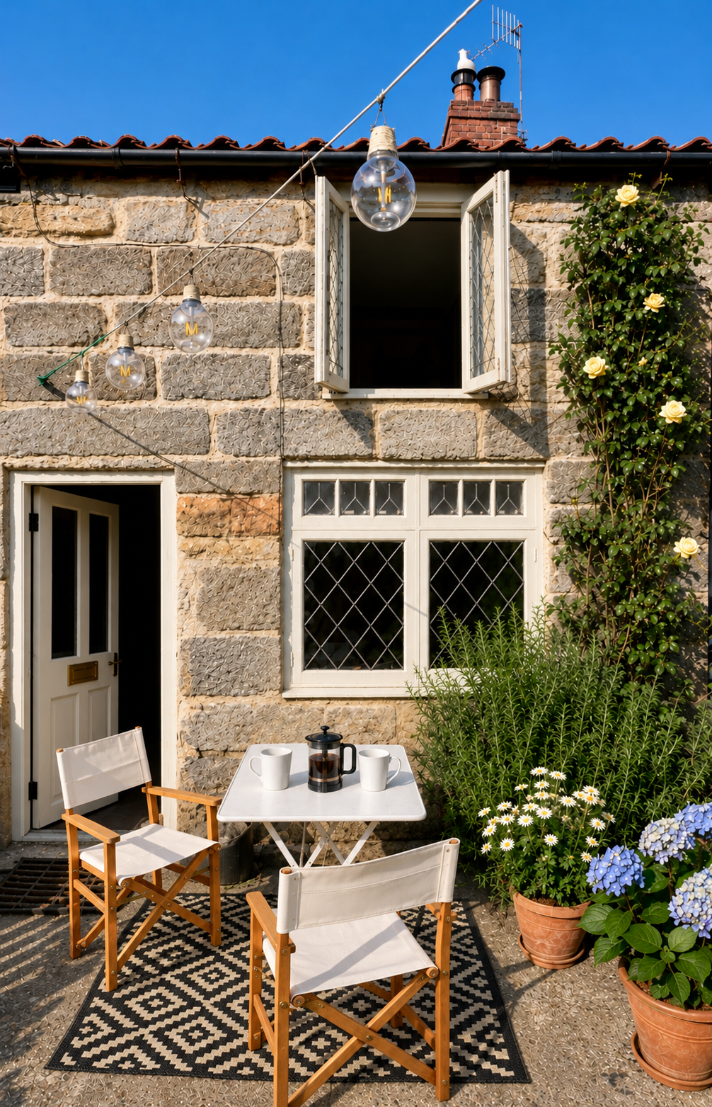 The sunny courtyard at Dunroamin with warm off-white windows, flowers, wooden director’s chairs and a patterned outdoor rug